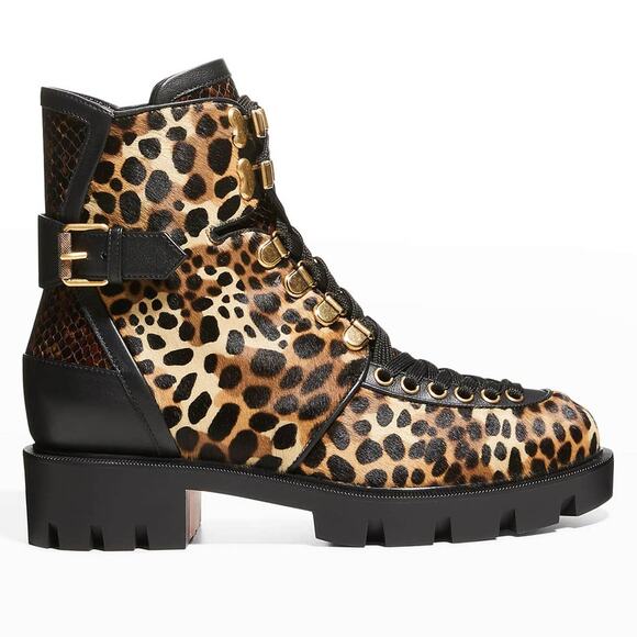 Christian Louboutin Macademia Leopard-Print Calf Hair Snake Moto Combat Booties - Picture 2 of 15